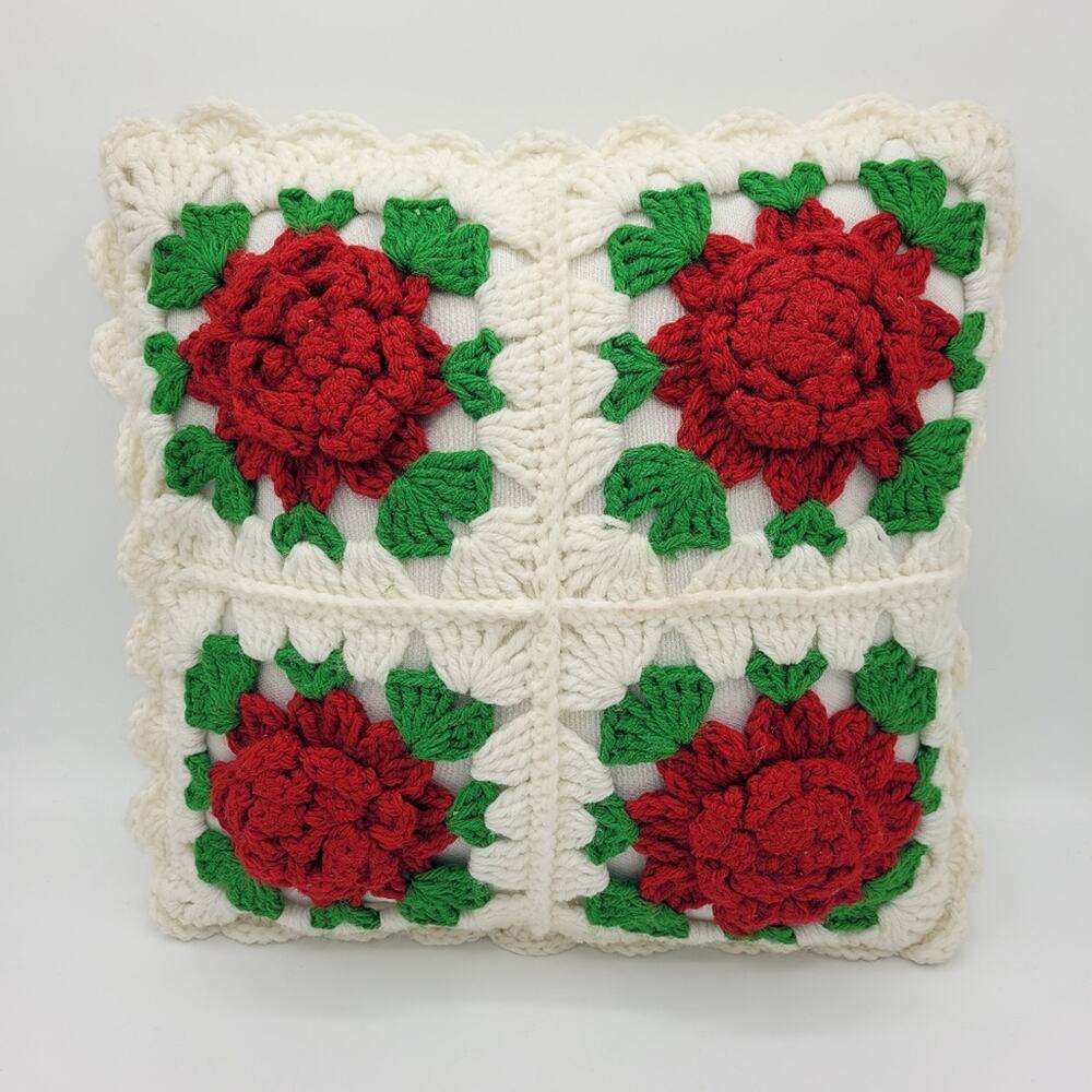 3D Red Rose 14" on White Granny Square Crochet Pillow Cottage